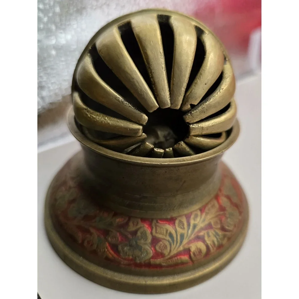 1940s Solid Brass Elephant Claw Bell Red & Green Inlayed Floral Pattern 2 Pieces